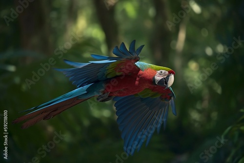 red macaw flying on the forest