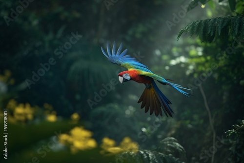 red macaw flying on the forest © Tebha Workspace