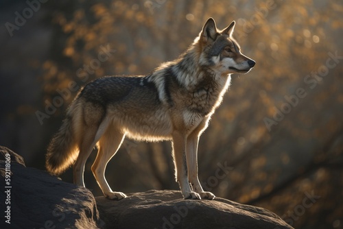 wolf standing on stone in the forest