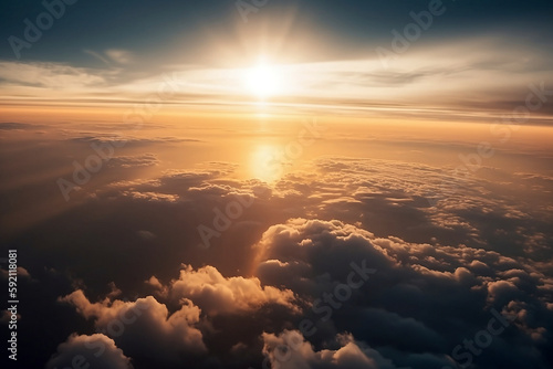 Sun Rise in Cloudy Sky Background, Dramatic Sunrise, Airplane View Above Clouds - ai