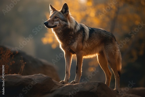 wolf standing on stone in the forest