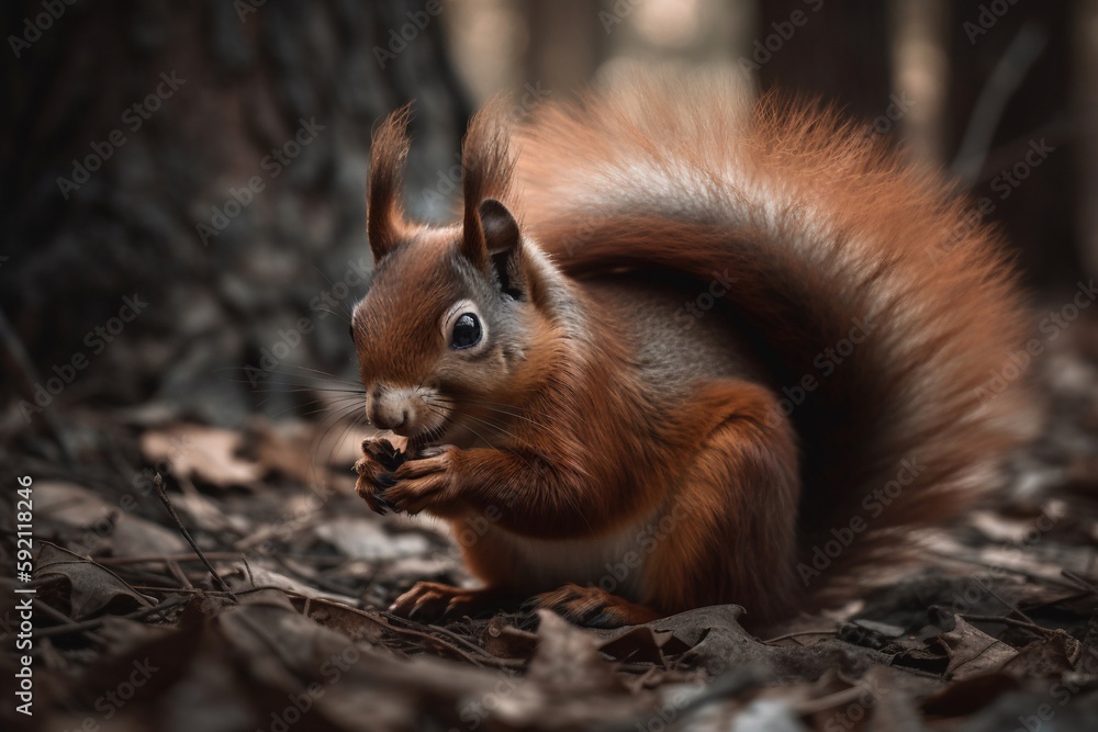 Obraz premium red squirrel on the forest eating peanut