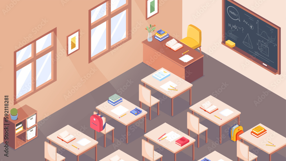 Isometric classroom concept. Tables and chairs with school supplies in front of blackboard. education and training. Design element for greeting card for September 1. Cartoon vector illustration