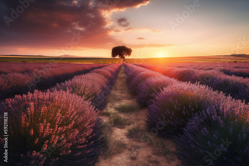 lavender field at sunset created with Generative AI technology