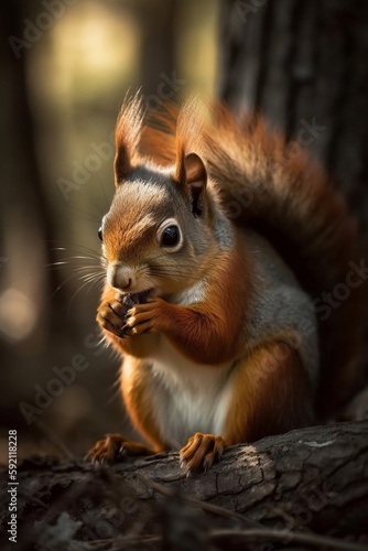 red squirrel on the forest eating peanut