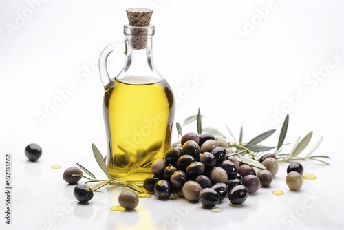 a bottle of olive oil on the table isolated on white