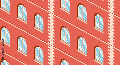 Isometric facade pattern. Repeating design element for fabric printing. Red brick house. Urban architecture and exterior. Fragment of city house with windows. Cartoon vector illustration