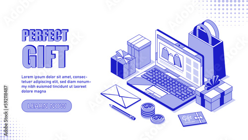 Perfect gift concept. Laptop with coins and packages. Online shopping and electronic commerce, home delivery. Marketing and advertising, landing page design. Cartoon isometric vector illustration