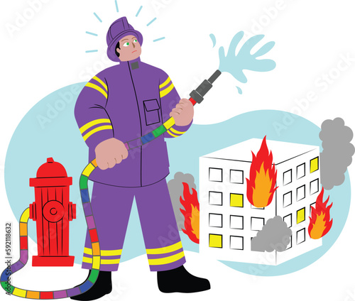 A queer firefighter putting out fire with a rainbow water gun. A symbol of gender diversity. Purple firefighter uniform. 
