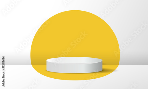 Podium with yellow round. Pedestal and stage for presentation and advertising. Special offer and marketing. Template, layout and mock up. Realistic 3D vector illustration