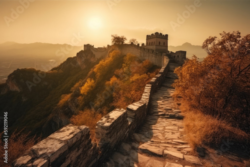 Great wall under sunshine during sunset created with Generative AI technology