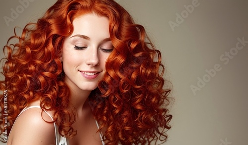 Redhead woman with healthy long and curly hair  generative ai image