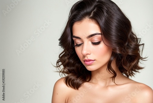 Brunette woman with shiny healthy wavy hair, generative ai image