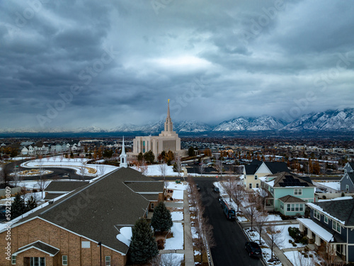 Oquirrh Mountain Utah Temple neighborhood in winter