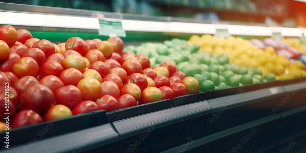 Tomatoes arranged in a supermarket, image generated with AI