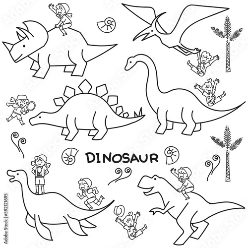 かわいい恐竜や翼竜や首長竜と子どもの探検隊セット