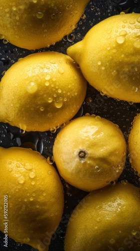 Fresh lemons vertical background, adorned with glistening droplets of water. Top down view. Generative AI.