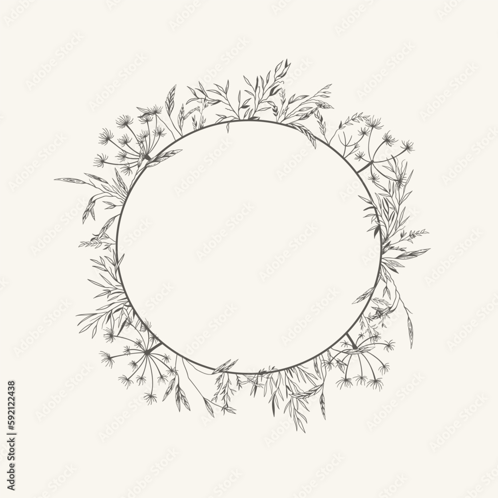 Wreath with meadow herbs. Round frame with dried plants. Black and white. Line art style. Vector illustration. Layout border for invitations card, postcards, logos, covers, labels. Wreath with meadow herbs. Round frame with dried plants. Black and white. Line art style. Vector illustration. Layout border for invitations card, postcards, logos, covers, labels.