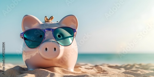 Summer piggy bank wearing sunglasses on the beach, generative ai