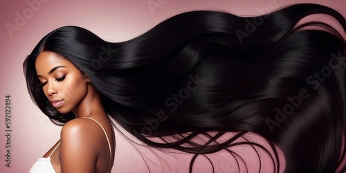 Beautiful black woman with a long shiny hair, generative ai