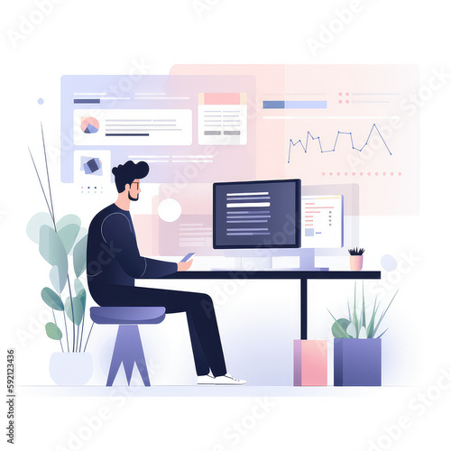 Man seated at his desk working on his computer. Created with generative Ai technology © ImageMind