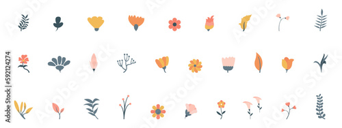 Vintage Set of Cute Flower, Foliage Collection with colorful floral Botanical bundle Elements. Nature of plants garden. Hand drawn Flat Style, suitable for wedding invitation or banner template © Lucky Graphic's