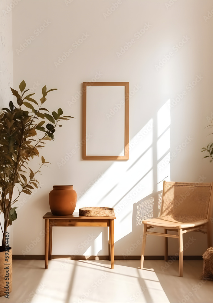 minimalist interior design mockup of white wall with empty frame, indoor plant, wooden table and chair minimalist interior design mockup of white wall with empty frame, indoor plant, wooden table and chair