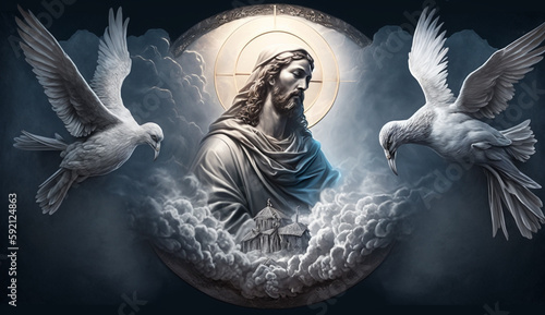 illustration of Jesus praying surrounded by doves on a cloud, generative ai