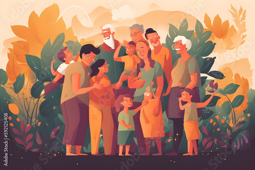 Flat vector illustration Big family, portrait and kids hugging costa rican parents and happy retired grandparents at home. Mom, dad, and elderly grandmother work together to take care of the family's  photo