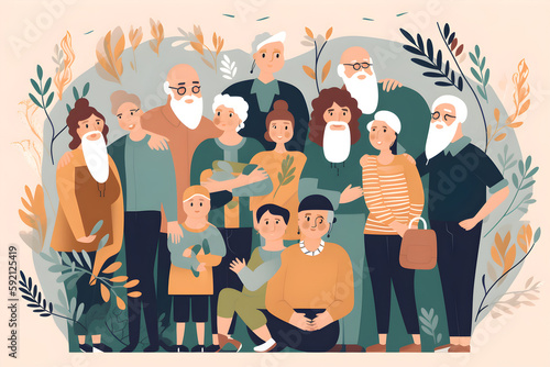 Flat vector illustration Big family, portrait and kids hugging costa rican parents and happy retired grandparents at home. Mom, dad, and elderly grandmother work together to take care of the family's  photo