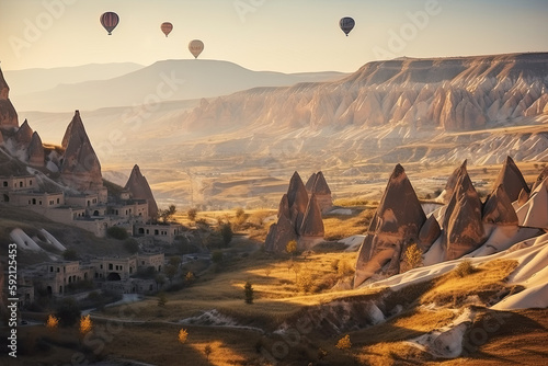 hot air balloon at sunset created with Generative AI technology