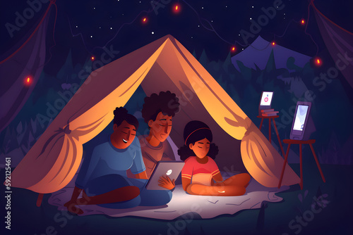 Flat vector illustration Black family, tablet and mother with baby watching movie, video and having fun at home in tent at night. Happy biracial mom connects with boy with technology, bokeh and smile  © VIX