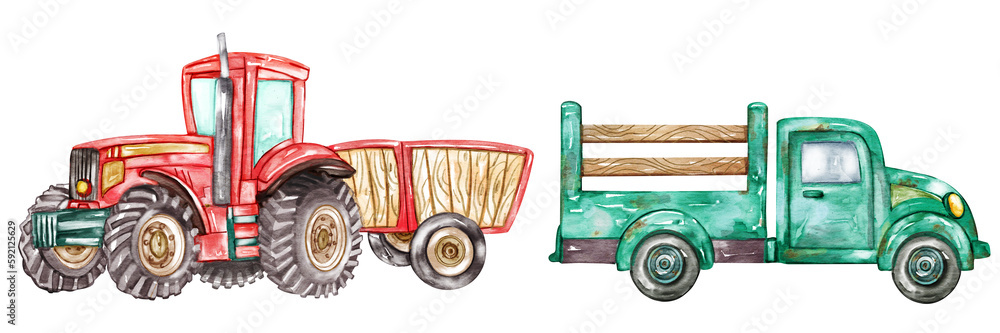 Fototapeta premium Tractor Watercolor Cliparts, Farm Nursery Decor, Cute Farm illustration, Watercolor illustration, Children Books, Clipart For Kids.