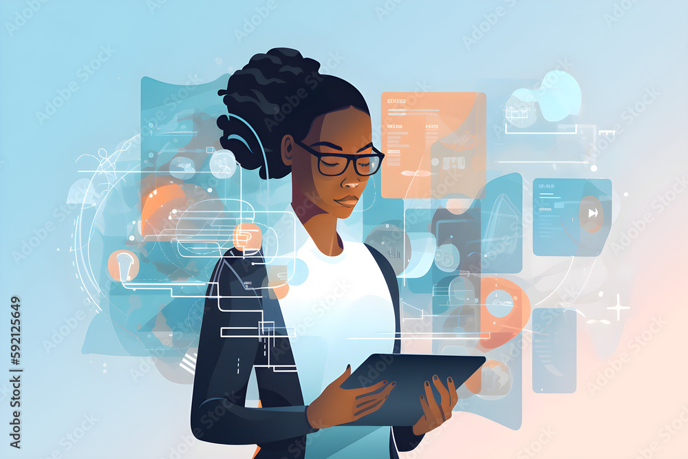 Flat vector illustration Black woman holding tablet computer, ERP overlay and diagrams, research and programming innovation of future applied technology. Future Web, Analytics and Developers for Start - obrazy, fototapety, plakaty 