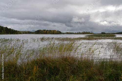 View of the Lake Ladoga near the village Lumivaara on a cloudy autumn day, Ladoga skerries, Republic of Karelia, Russia