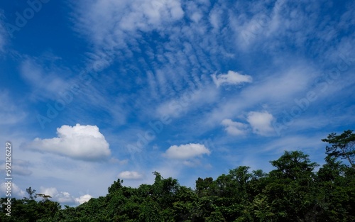 Blue sky panorama background with tiny clouds. © Abbasy  Kautsar