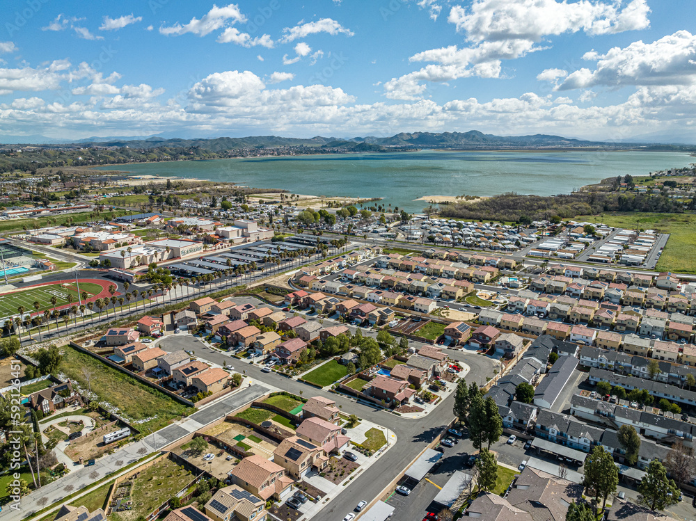 Aerial View of Suburban Lakeside Property In California