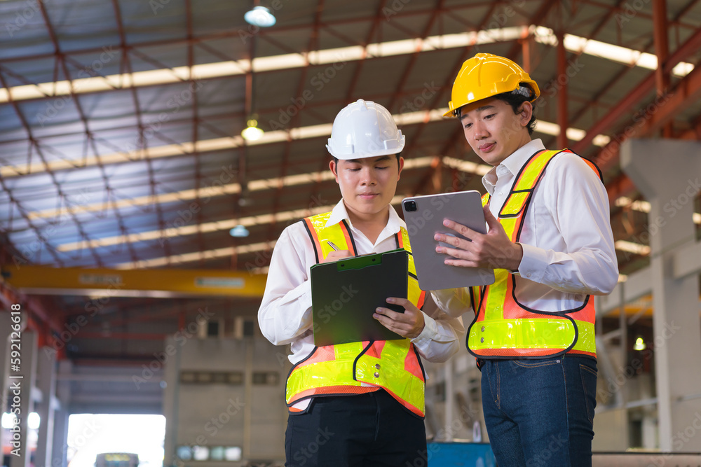 Professional industry engineer worker in a metal manufacture warehouse , maintenance service check for safety first concept . Professional industry engineer worker in a metal manufacture warehouse , maintenance service check for safety first concept .