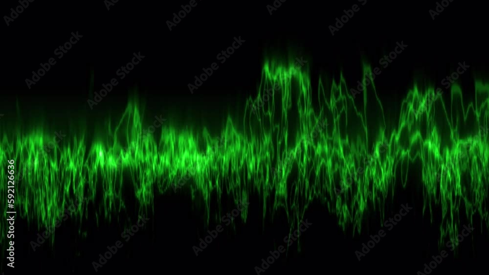 Audio spectrum or waveform, animation, a sound green waveform on black background. Audio signal. Audio spectrum or waveform, animation, a sound green waveform on black background. Audio signal.