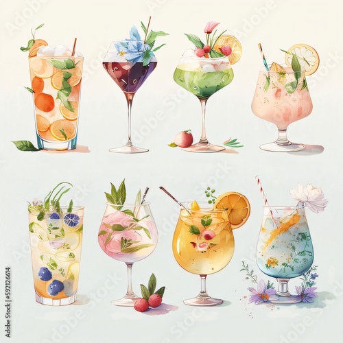 Refreshing summer cocktails in fancy glasses, garnished with fruit (generative ai)
