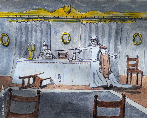 From Dickens' Great Expectations, Pip tours the scene of Miss Havisham's long ago failed wedding.  Original art by Dave Rheaume, story is public domain.