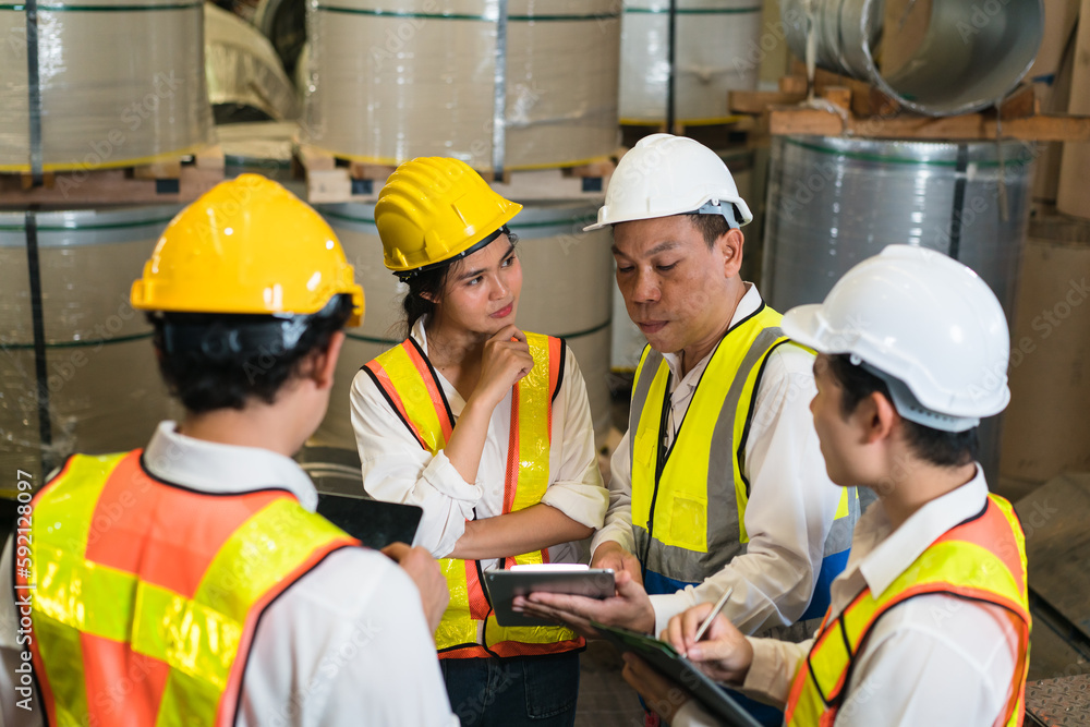 Professional industry engineer worker in a metal manufacture warehouse , maintenance service check for safety first concept . Professional industry engineer worker in a metal manufacture warehouse , maintenance service check for safety first concept .