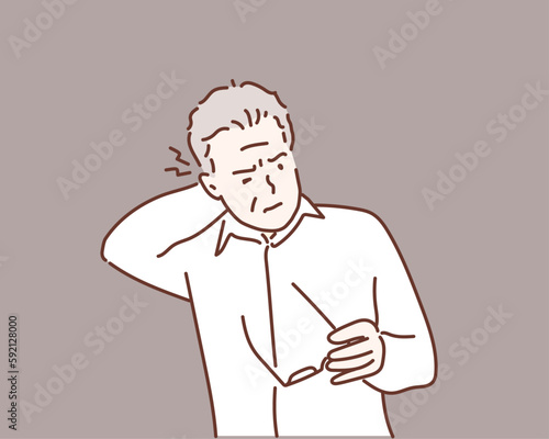 Mature man having a neck pain against. Hand drawn style vector design illustrations.