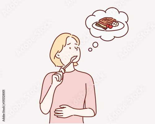girl holding stomach because of hungry, kid thinking of food and holding her stomach, stomach ache. Hand drawn style vector design illustrations.