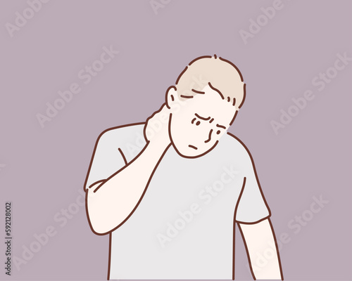 man having a neck pain against. Hand drawn style vector design illustrations.