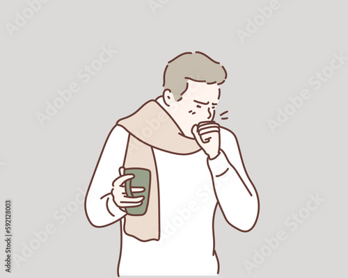 Man coughing a lot. Hand drawn style vector design illustrations.