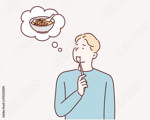 Hungry man thinking food. Hand drawn style vector design illustrations.