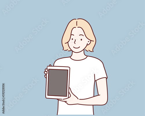 Woman showing blank no-name tablet pc monito. Hand drawn style vector design illustrations.