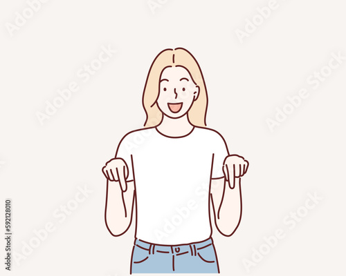 woman point down to blank space on grey background. Hand drawn style vector design illustrations.