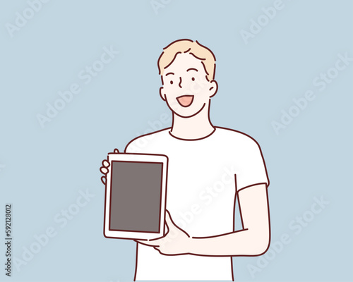 Man showing blank no-name tablet pc monitor. Hand drawn style vector design illustrations.